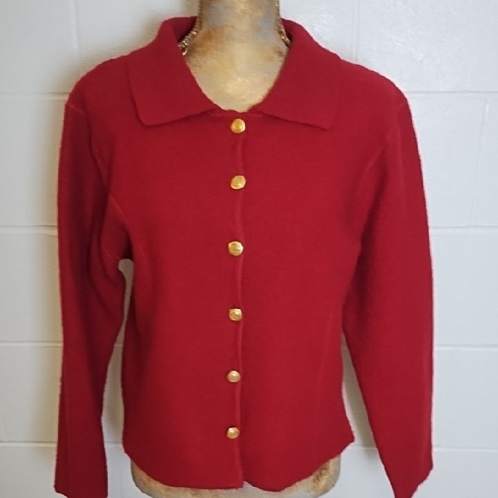 Dark Red Wool Cardigan with Gold Buttons - Picture 10 of 15
